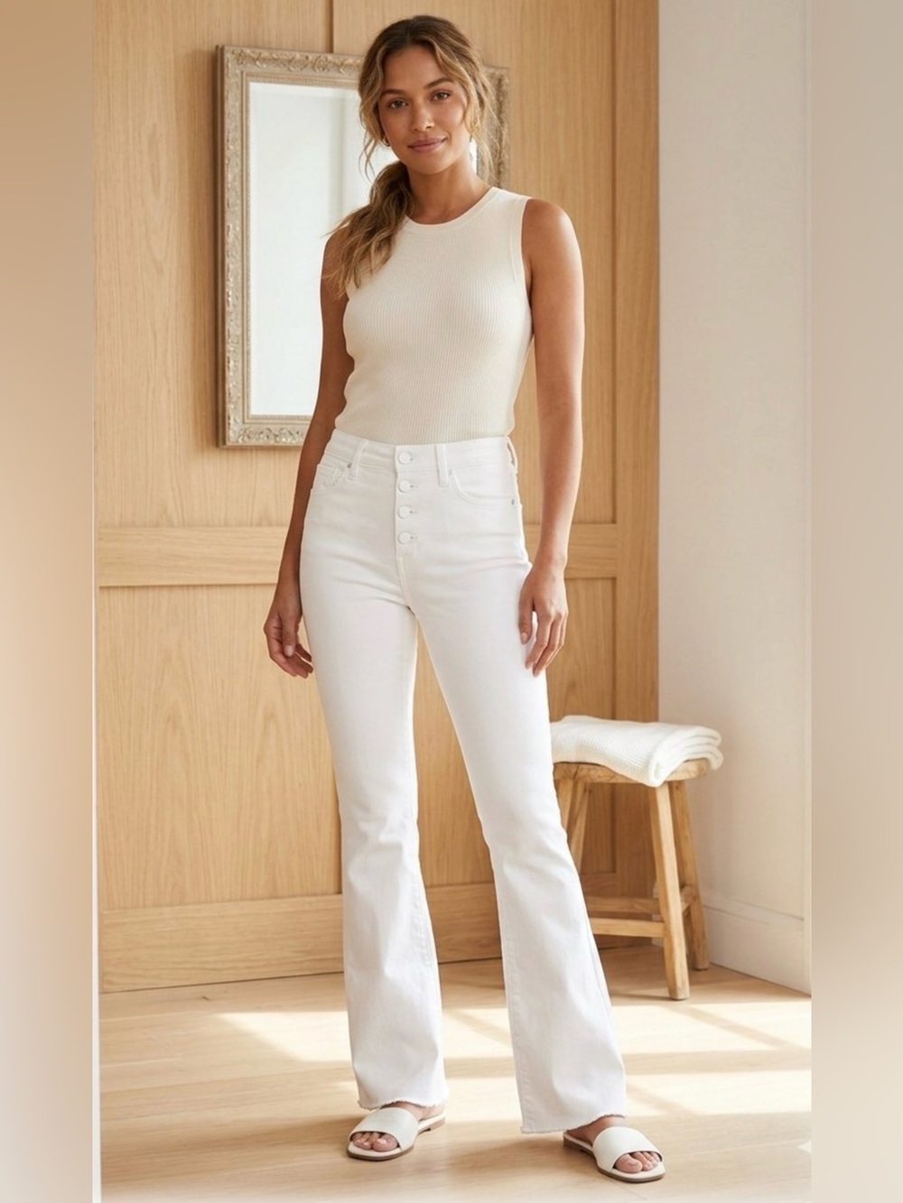 PAIGE Genevieve White High-Rise Button-Front Flare Jeans